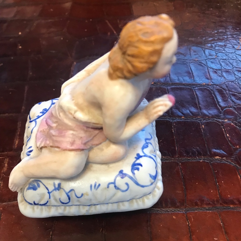 ‼️SOLD‼️ Antique Bisque Porcelain Box with Angel Figure Holding Rosebud